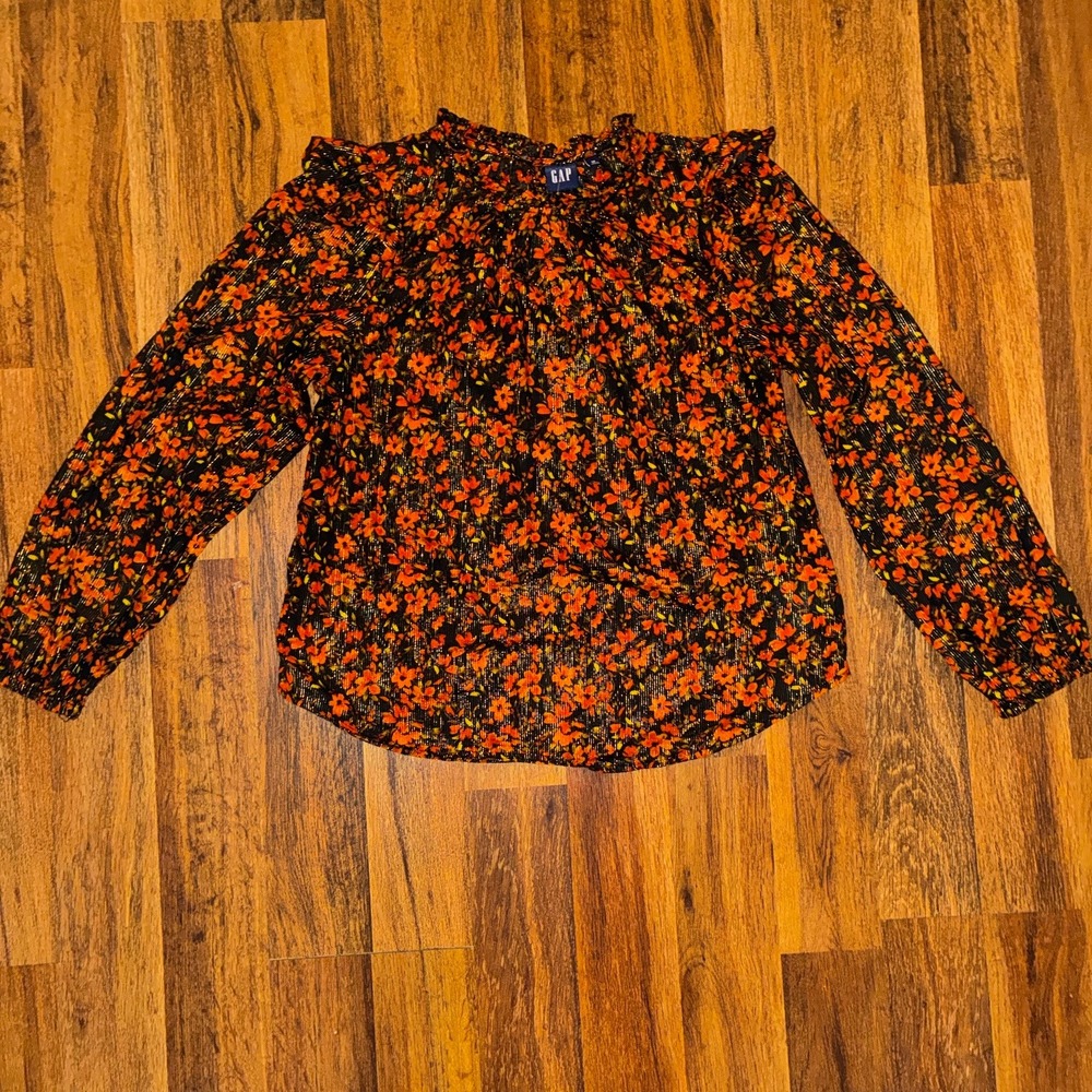 Gap Women M Orange Red Floral Cold Shoulder Blouse Metallic Gold Stripe Top